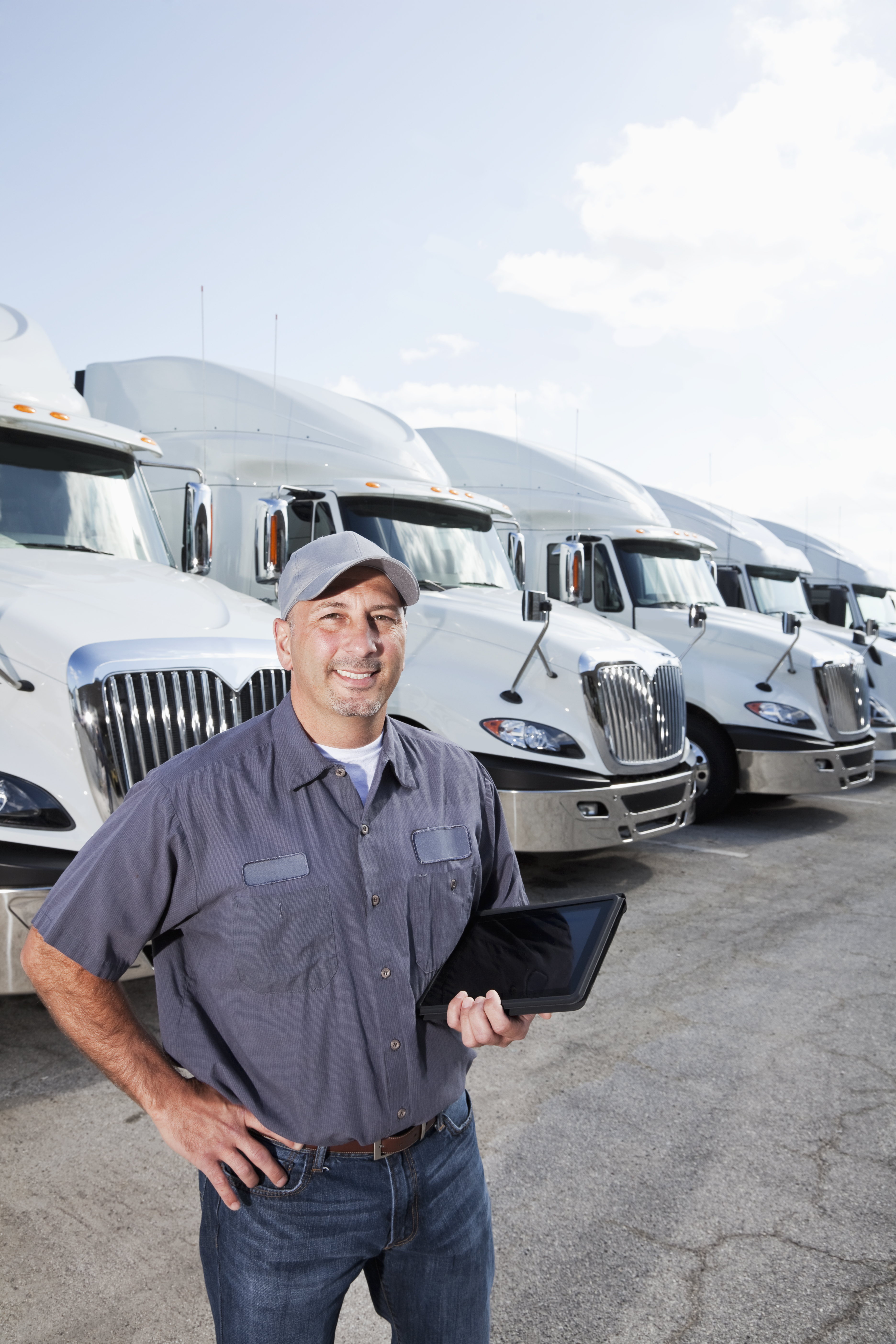 Man in cap in gray work outfit in front of truck